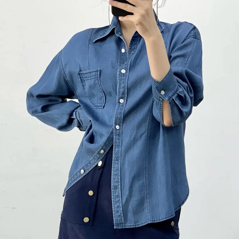 

ZCSMLL Turn-down Collar Denim Women Shirt 2022 Summer Spring Long Sleeve Solid Color Korean Fashion Casual Female Shirt Tide