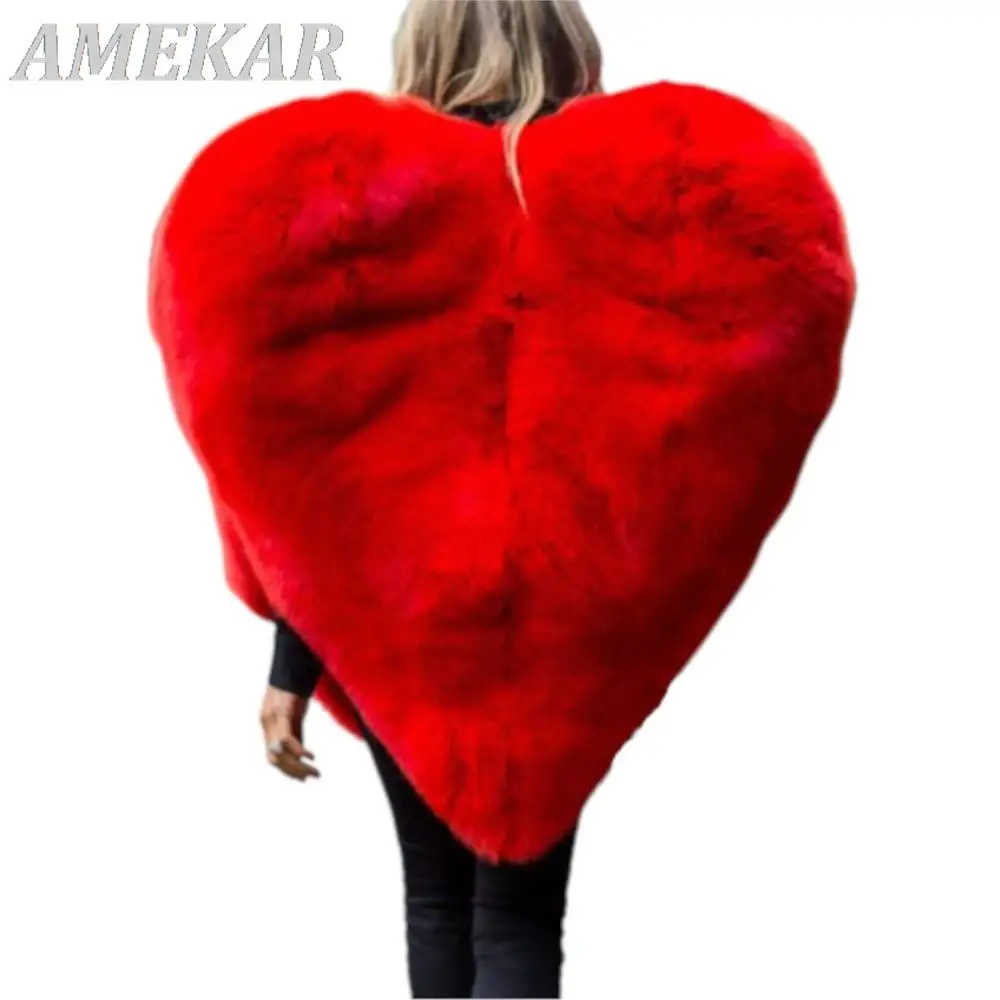 Women's New Winter Red Heart Pattern Real Fur Coat Personality Designer O Collar Sleeveless Exaggerated Ladies Coat Fashion Tide