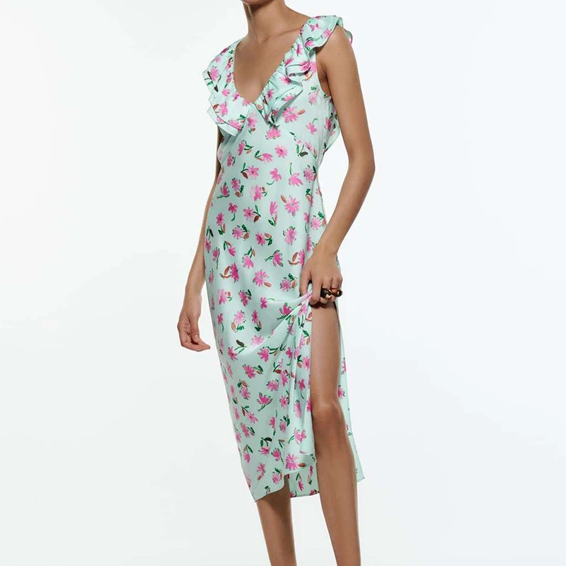 

Summer 2022 Women Laminate Decoration Floral Print Dress V Neck Sleeveless Female Elegant Midi Dress Vestidos LY910