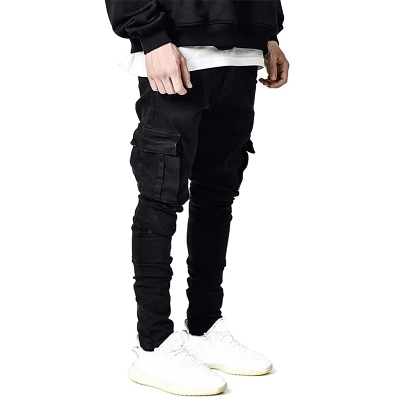 Trend Men's Jeans Elastic Denim Pants Multi Pockets Leggings Slim Fit Denim Cargo Pants High Street Full Length Pencil Pants