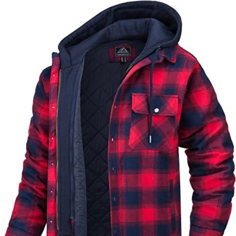 2022 Best Men's Wear European and American Autumn and Winter Heavy Cotton Shirt Plaid Long Sleeve Loose Hooded Jacket Coat