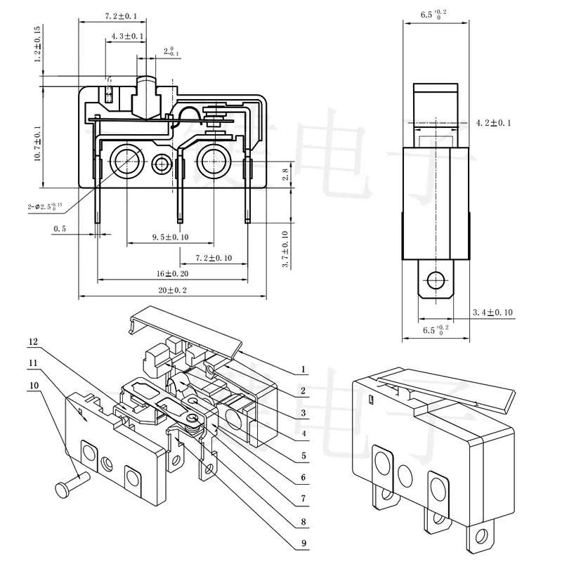 MS-013 микровыключатель без ручки три стрелки вертикальный прямолинейный путевой