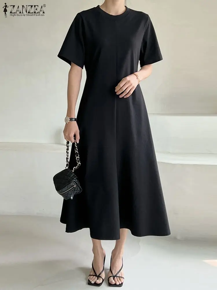 

Элегантный сарафан-трапеция ZANZEA, весенние женские платья 2023, повседневные однотонные платья с коротким рукавом, модный халат с круглым вырезом, кафтан