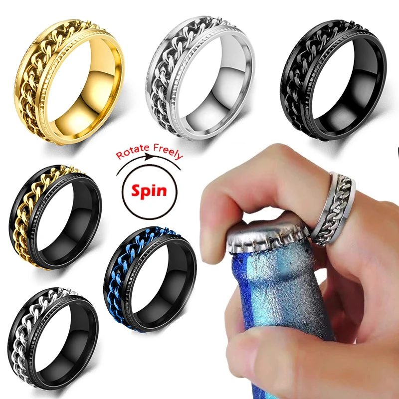 Punk Titanium Steel Rotatable Couple Ring Multifunctional Bottle Opener Spinner Chain Rotable Rings Man Women Engagement Gifts