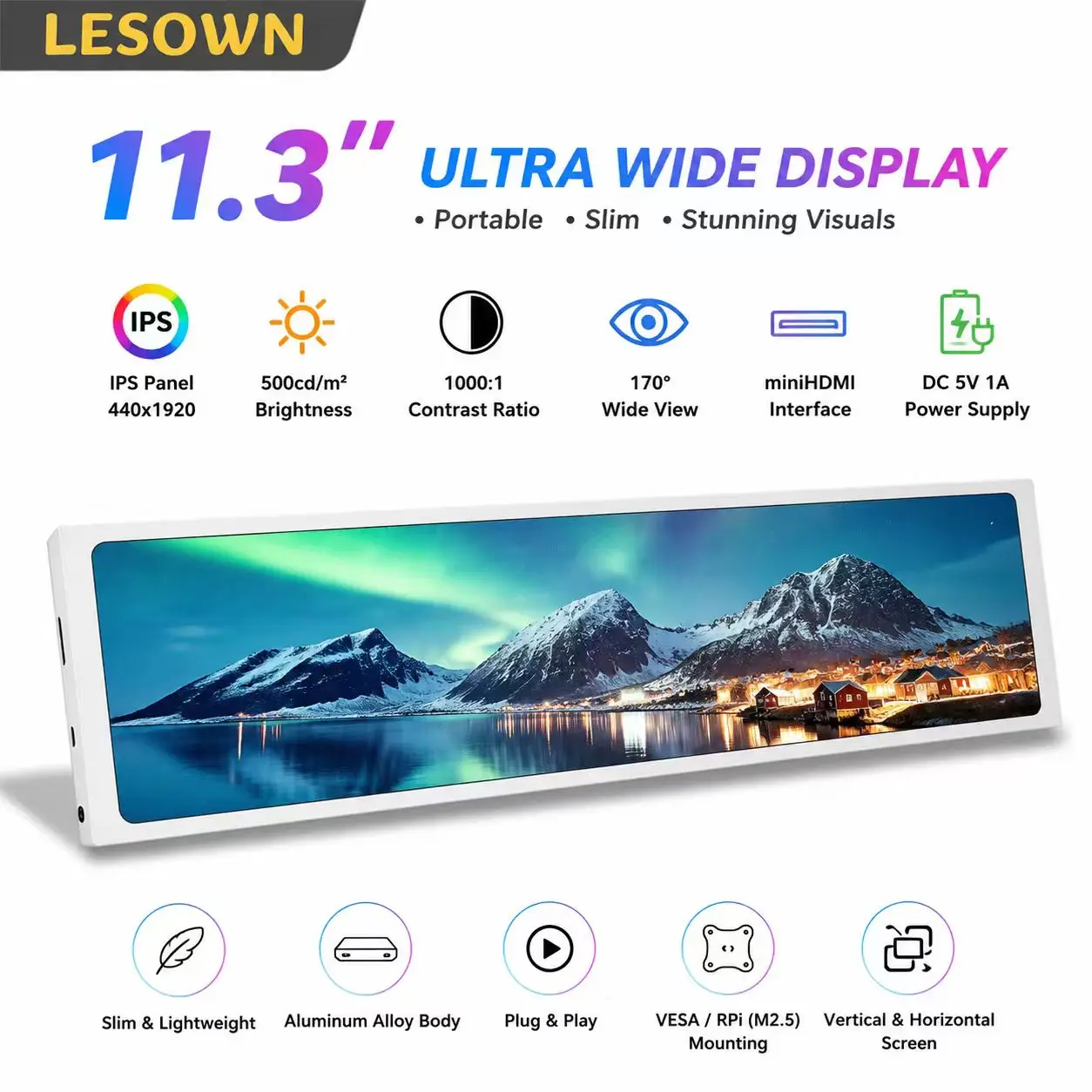 Фото LESOWN 11.3-дюймовый мини-HDTV-монитор с сенсорной панелью 440x1920, алюминиевый вытянутый дисплей 500cd для настольных ПК с Windows №1