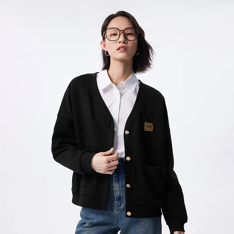 Toyouth Women Coat 2023 Autumn Long Sleeve V Neck Loose Jacket Embroidery Fashion Casual Versatile Apricot Black Outwear Tops