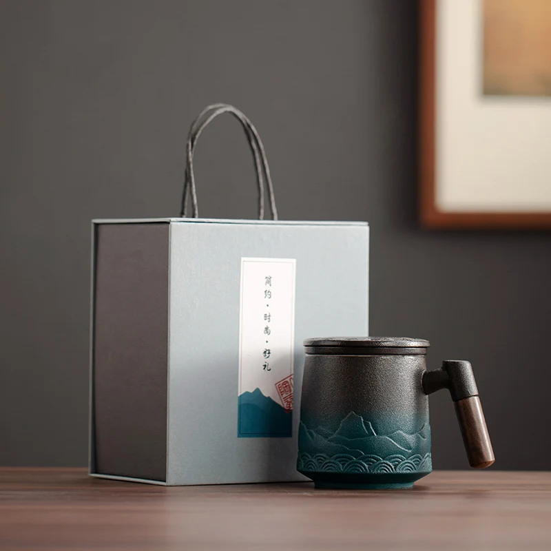 Ceramic Strainer Tea Cup Mug with Lid Luxury Coffee Cups Large Office Water Japanese Vintage Original Mugs Wood Handle Gift | Дом и сад