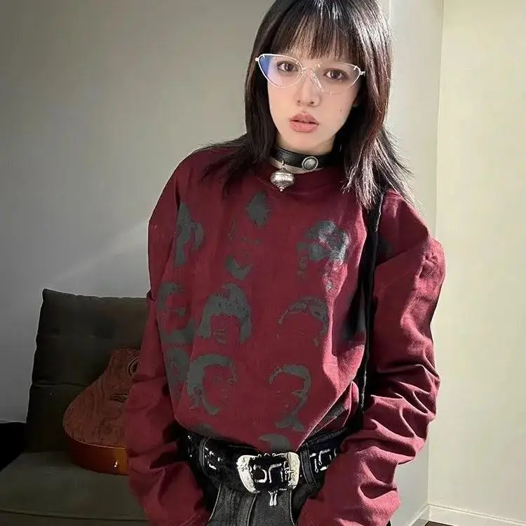 Футболка с принтом бордовая женская рубашка осенне-зимний дизайн американская