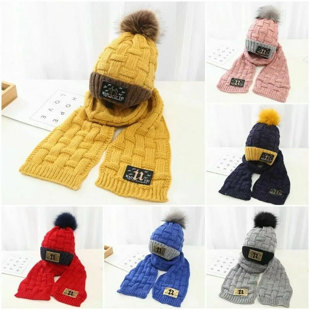 

2Pcs Winter Thick Windproof Outdoor Knitted Cap Warm Kids Scarf Scarf Hat Set