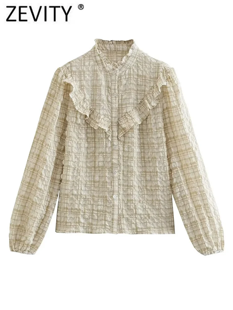 

Zevity Женская милая плиссированная клетчатая Повседневная Блузка с принтом, Офисная Женская кружевная рубашка с агарическими кружевами, шик...