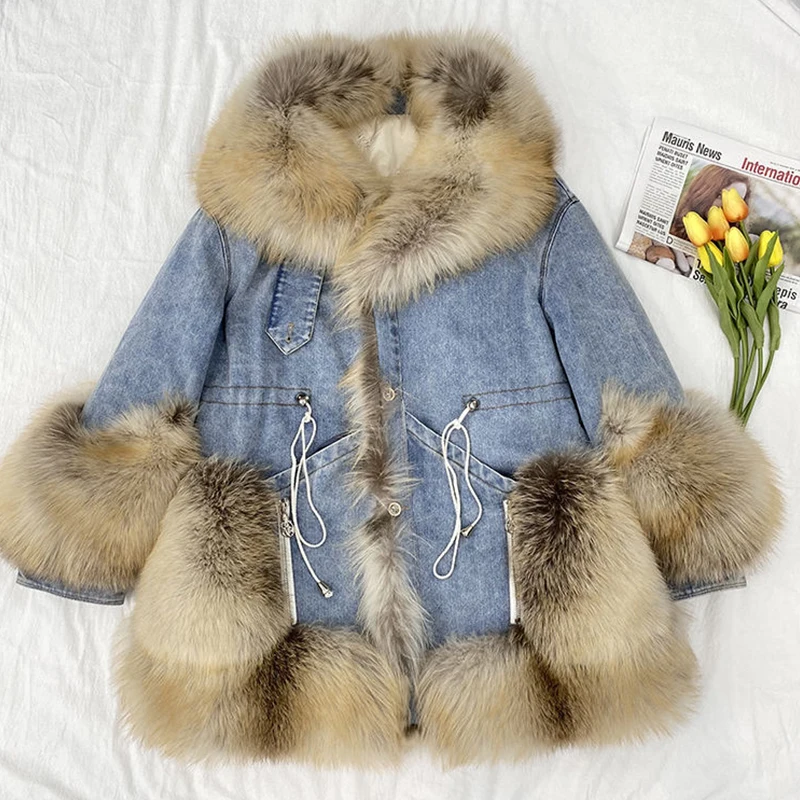 Denim Patchwork Synthetic Fox Fur Women's Jacket Young Female Parker Loose Mid-Length Designers Luxury Coat High Street