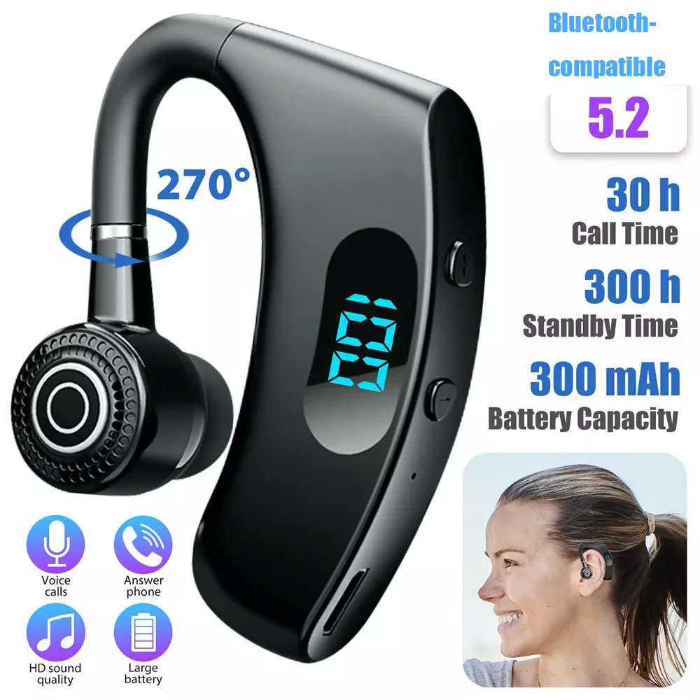 

V12 Wireless Headsets LED Display Long Standby Time Headphones Stereo TWS BT 5.2 Stereo Earhook Earphones for Business