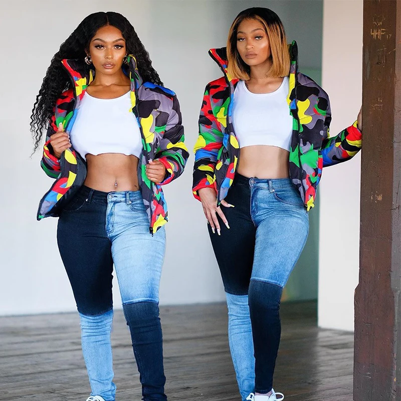 2022 Women's New Down Jacket Colorful Camouflage Printed Bread Clothes Down Jacket Cotton Warm Streetwear Style Jacket Coats