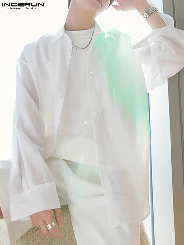 

INCERUN Men Casual Shirt Tie Dye Gradient 2022 Lapel Long Sleeve Streetwear Transparent Korean Shirts Loose Fashion Men Clothing