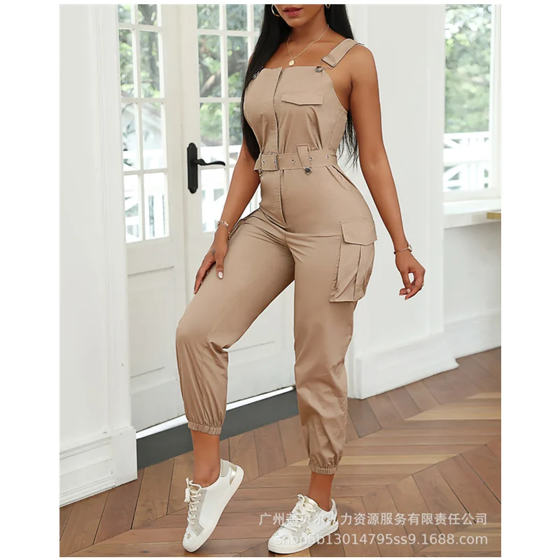 

Mandylandy Women Cargo Jumpsuit Lady Fashion Sleeveless High Waist Corset Pocket Pencil Pants Sport Fitness Trousers Romper