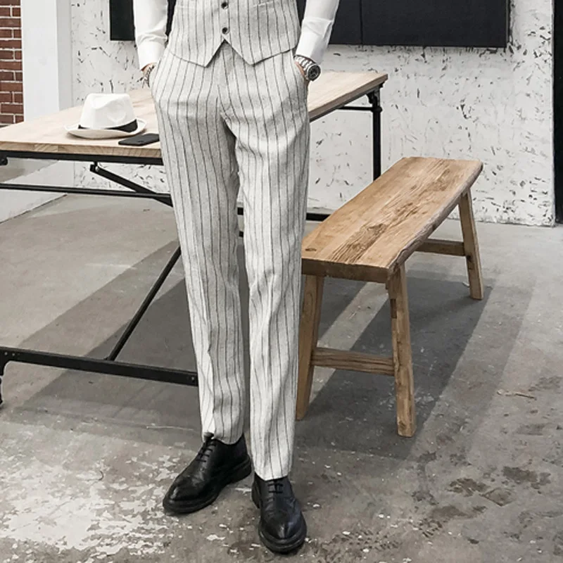 

Мужские костюмные брюки в полоску, брюки, высококачественные свадебные строгие брюки, мужские облегающие брюки из бутика, деловая одежда, повседневные брюки
