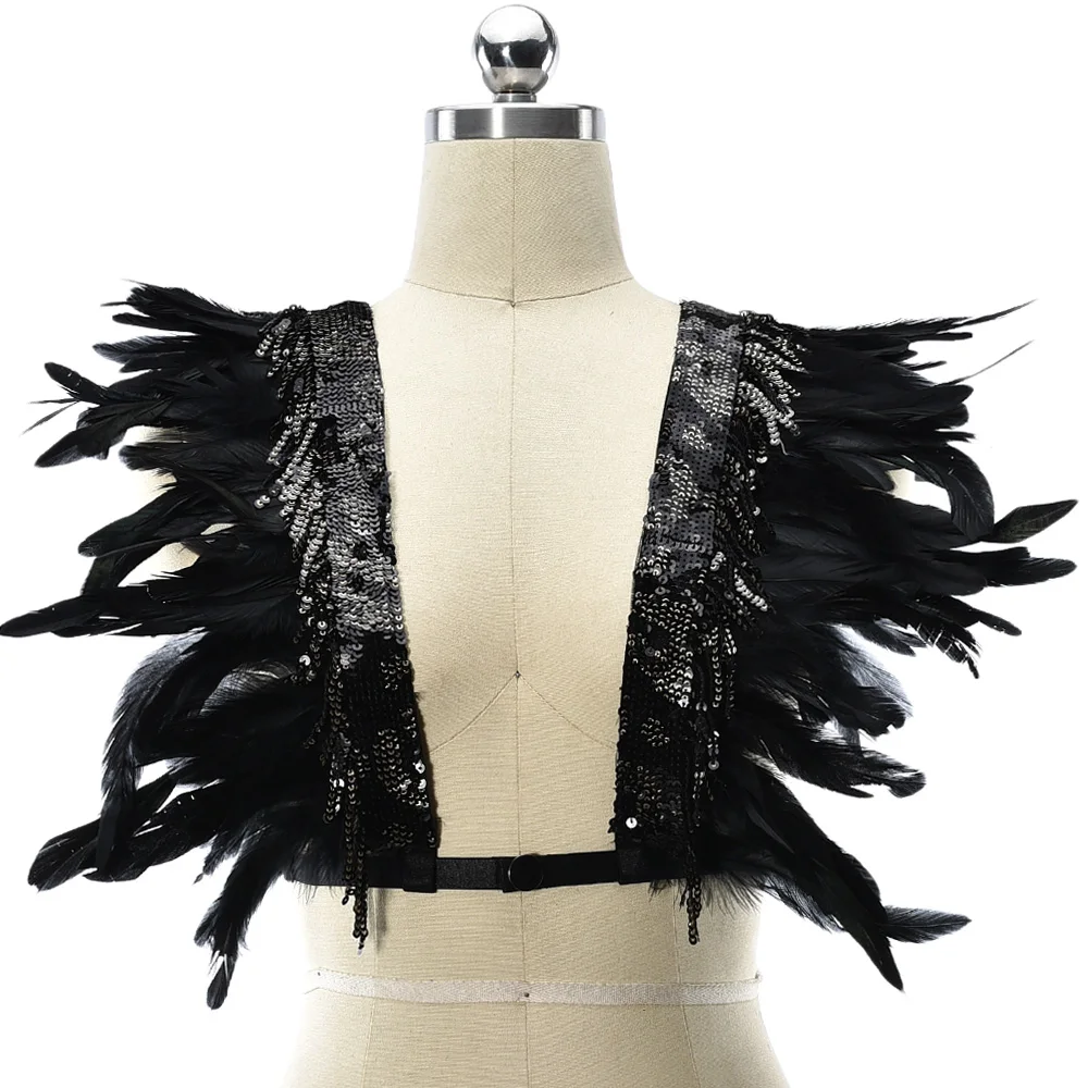Women Fetish Feather Shawl Body Harness Open Chest Cage Bra Goth Halloween Bondage Sexy Lingerie Belt Crop Top Body Harness