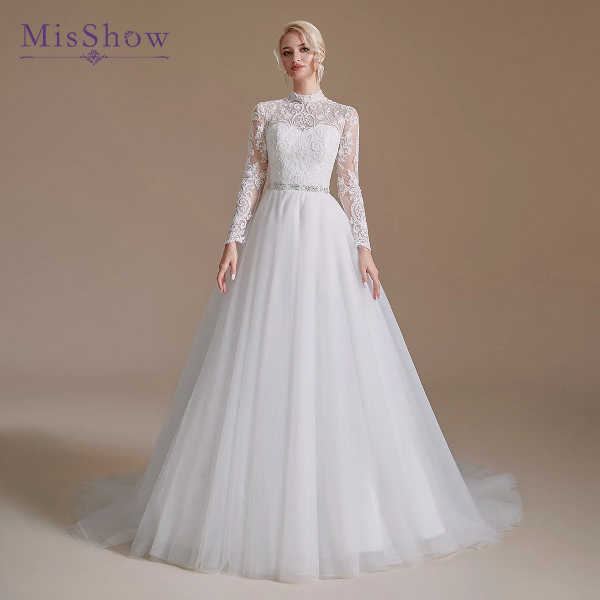 

High-Neck Tulle Lace Wedding Dress for Women Back Button Elegant Full Sleeve Bridal Gown Pearl Gem Belt Appliques Hidden Zipper
