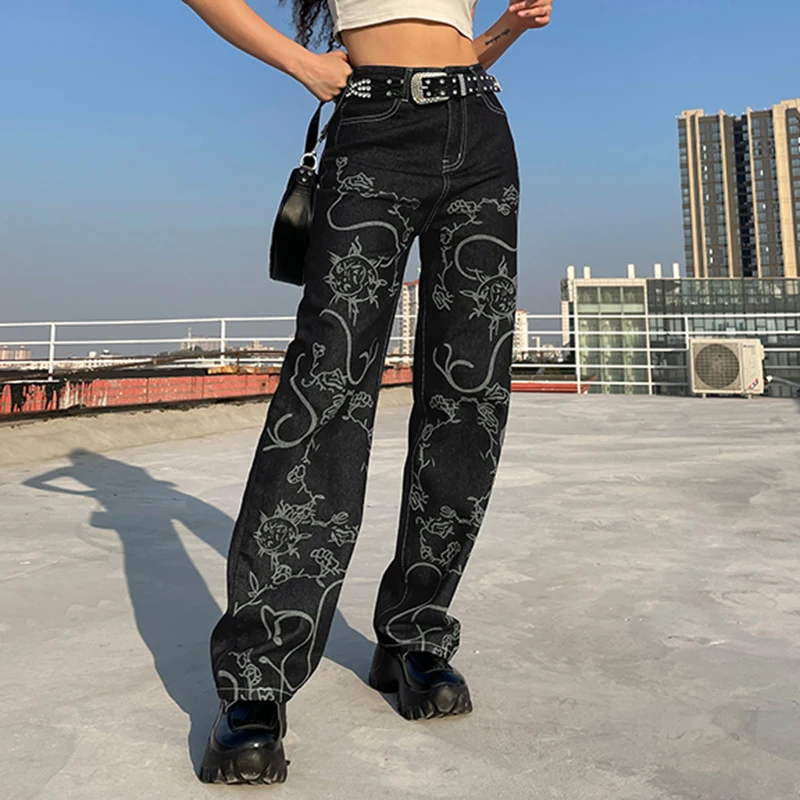 

Women Y2k Cartoon Anime Jeans Vintage Graphic High Waist Straight Denim Pants Casual Grunge Print Black Trousers Lady Streetwear