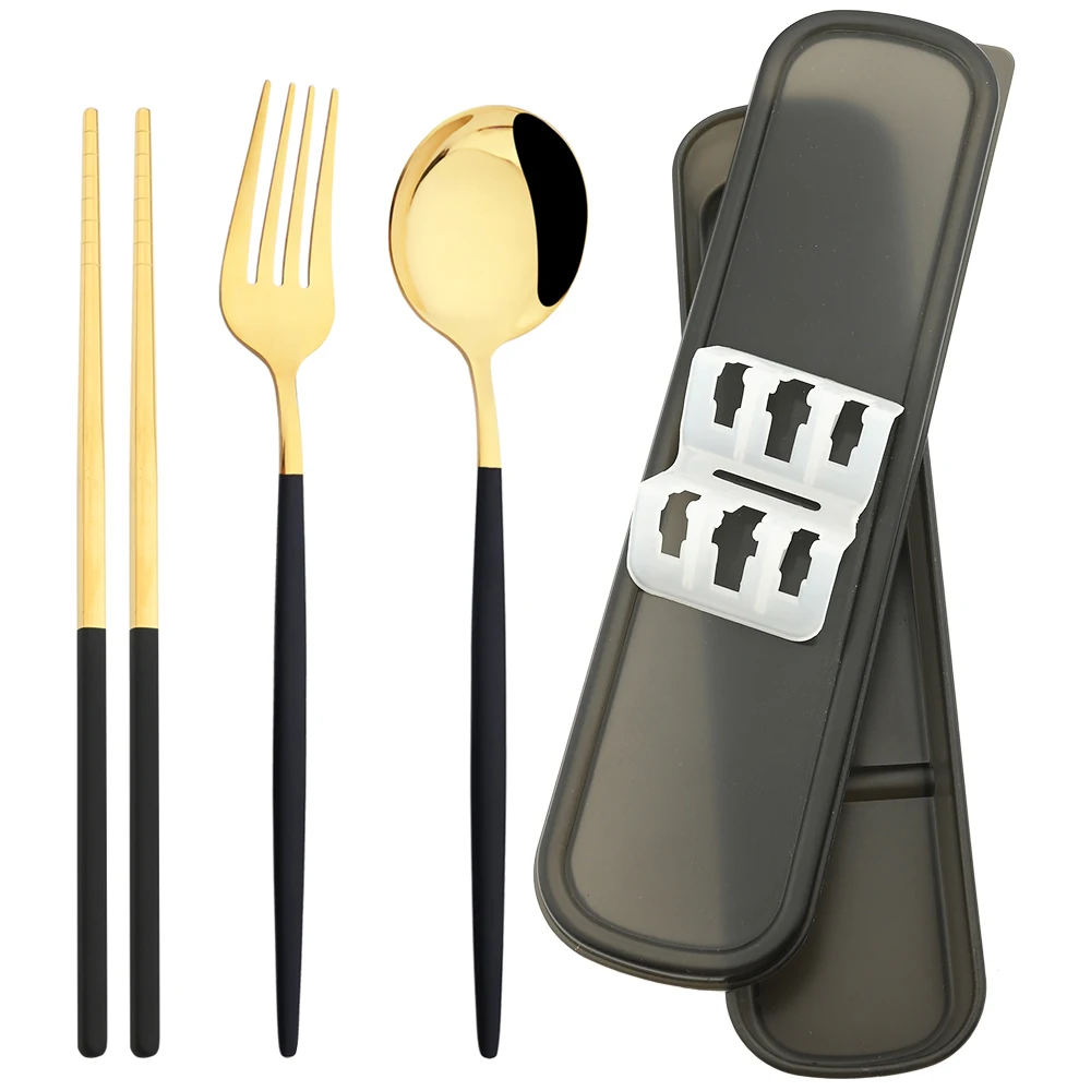

Black Gold Dinnerware Set Travel Camping Cutlery Set Knife Fork Spoon Chopsticks With Portable Box Stainless Steel Tableware Set