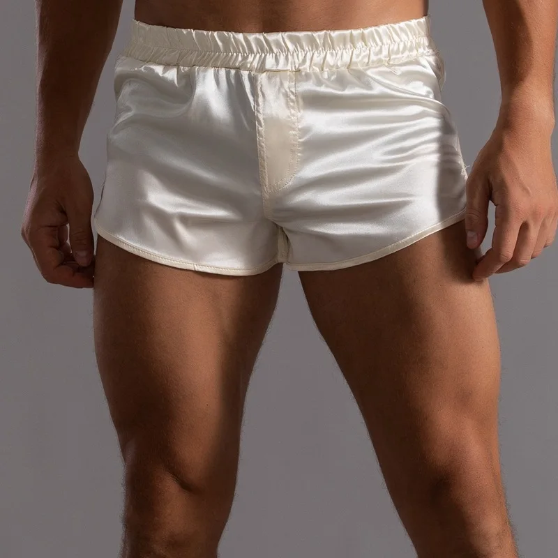 Men's Casual Home Sleep Shorts White Silky Pajama Shorts Smooth Large Size Underwear Boxershorts Man Satin Loose Underpants Male