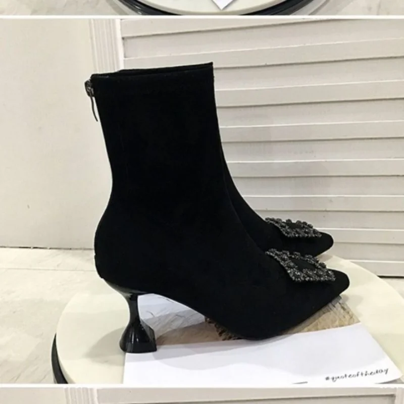 French Rhineau Ankle Boots Women's Boots Pointed High Heels Sexy Black Women's Shoes Banquet Shoes 2023 New