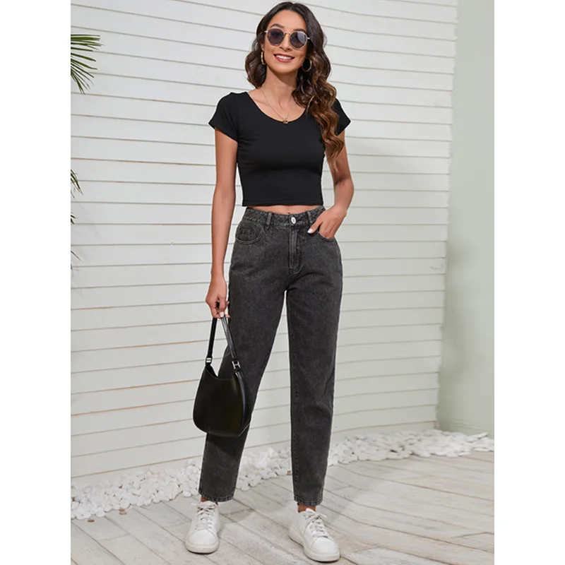 Jeans Women 2023 European Beauty Jeans Washed Women's Casual Black Straight Mid Waist