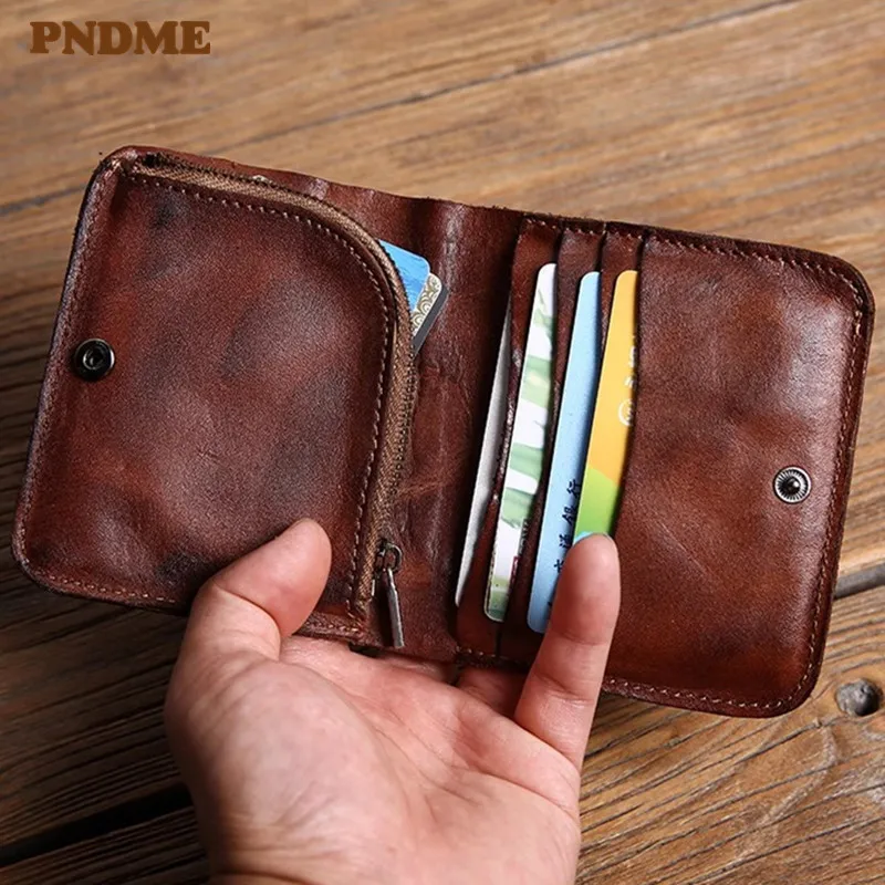 PNDME simple vintage first layer leather men's short wallet casual luxury high-quality genuine leather student money coin purse