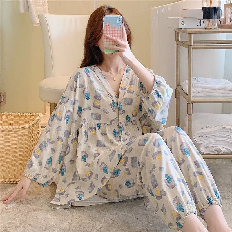 New Style Small Fragrant Wind Cardigan Pajamas Women Thin Section Home Service Cotton Silk Suit Large Size