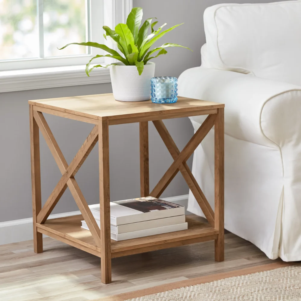 

Farmhouse X Design Square Side Table with Storage, Rustic Weathered Oak
