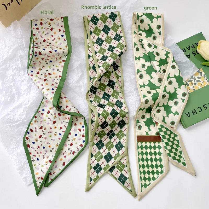 

Long strips of small silk scarf female green small fresh floating ribbon hair tie hair tied bags decorative career neck scarf