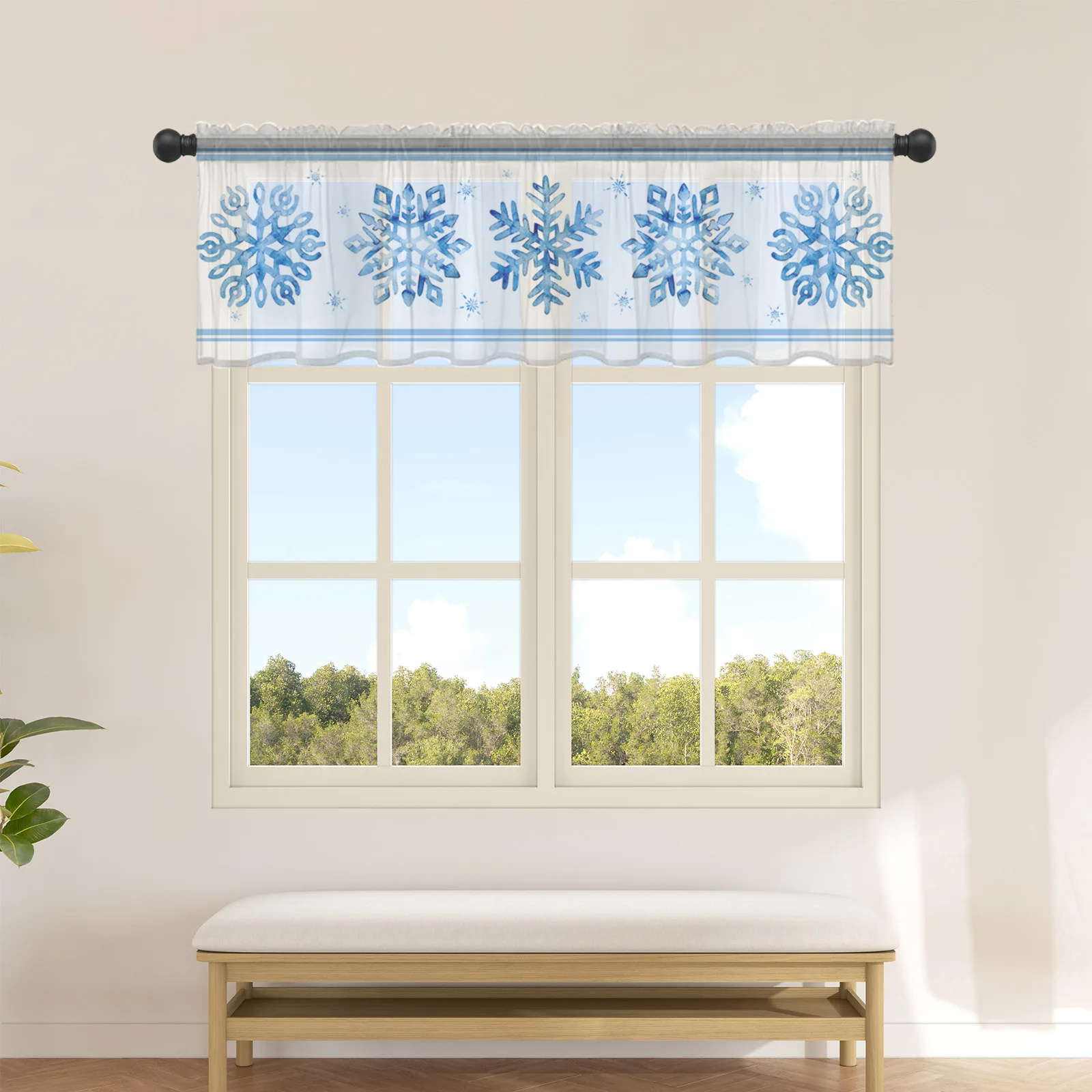

Christmas Blue Snowflakes Short Tulle Curtains for Kitchen Cafe Sheer Voile Half-Curtain for Bedroom Doorway