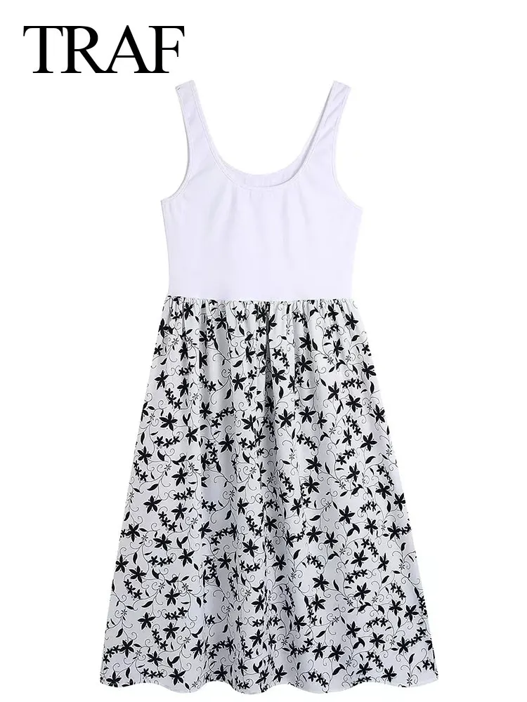 

TRAF 2022 Summer Women's Dress Tank Top Sleeveless Slim Fit Sexy Elasticity Print Black And White Casual Elegant Dress Fashion