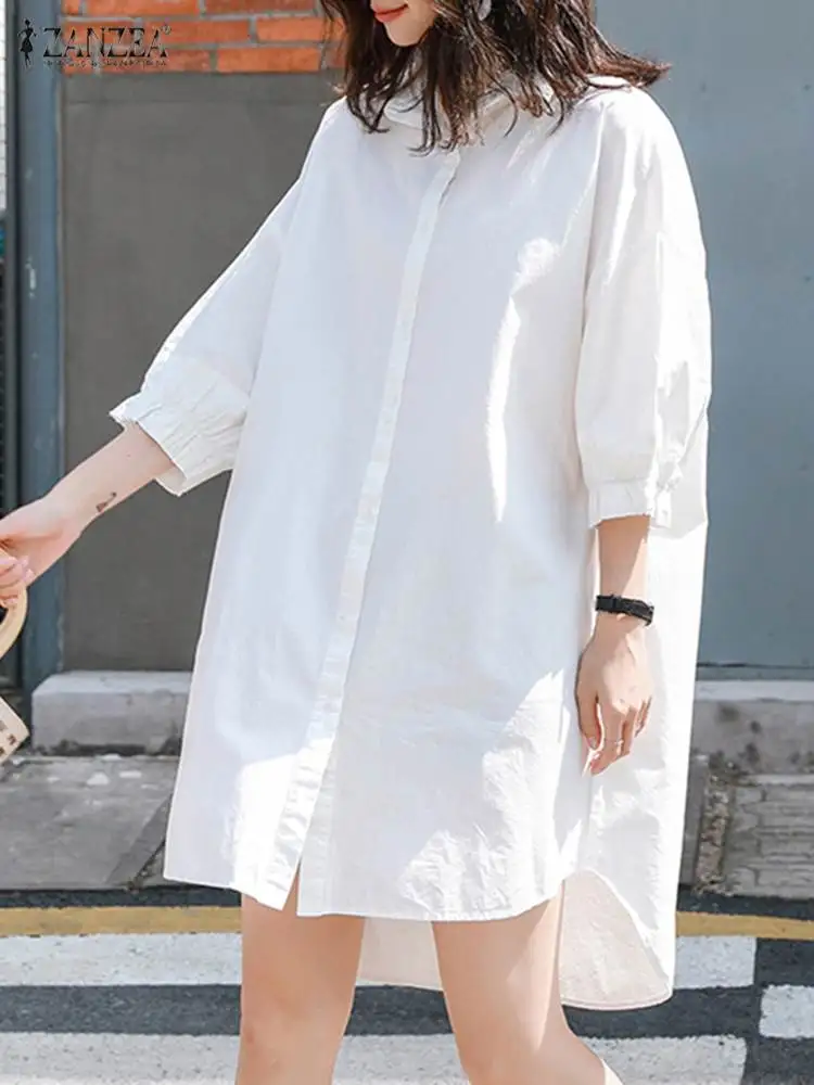 

2023 ZANZEA Fashion Dress Short Sleeve Summer Lapel Neck Shirt Dresses Elegant Casual Holiday Sundress Solid Knee Length Robe #6
