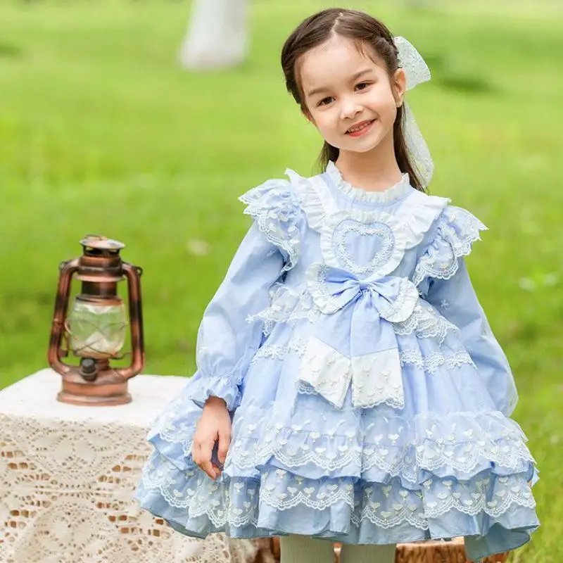 

Платье для маленьких девочек 1, 2, 3, 5, 6, 8 лет, весенне-осеннее кружевное бальное платье с оборками и бантом, Детские вечерние платья