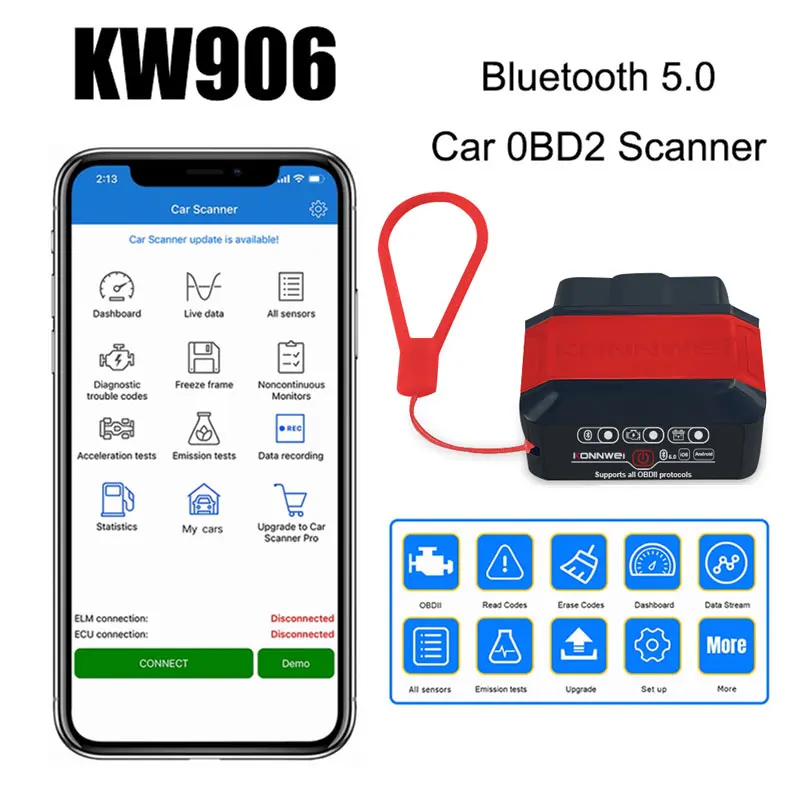 

Konnwei KW906 Bluetooth 5.0 ELM327 V1.5 OBD2 сканер для Android iOS OBDII авто диагностические инструменты ELM 327 OBD 2-кодовый считыватель