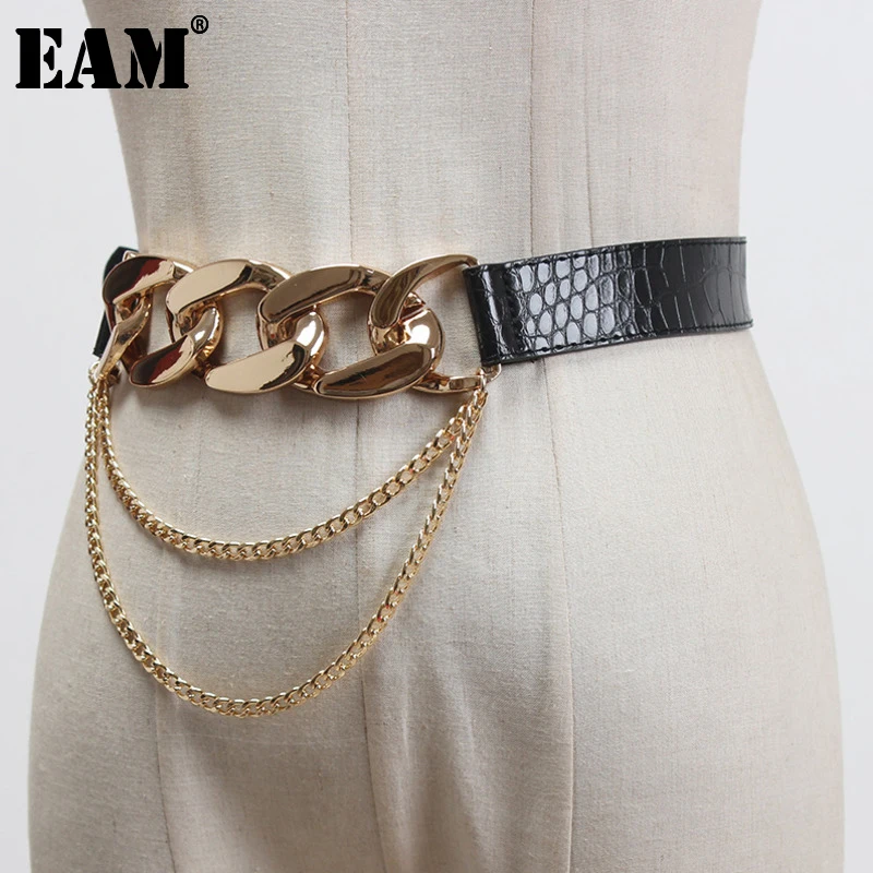 [EAM] Metal Chains Buckle Long Tassel Split Joint Pu Leather Belt Personality Women New Fashion Tide All-match Spring 2023 1U275