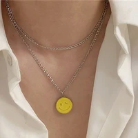 origin summer trendy double layer smile face pendant necklace for women stainless steel yellow enamel metal necklace jewelry