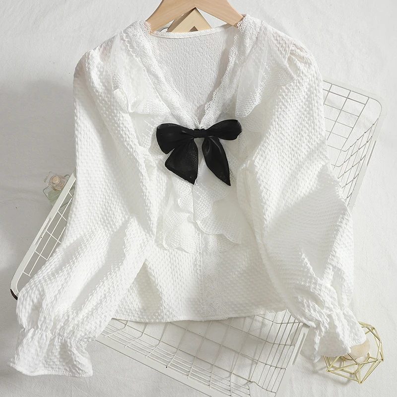 Женская кружевная блузка с оборками Корейская Свободная V-образным вырезом и