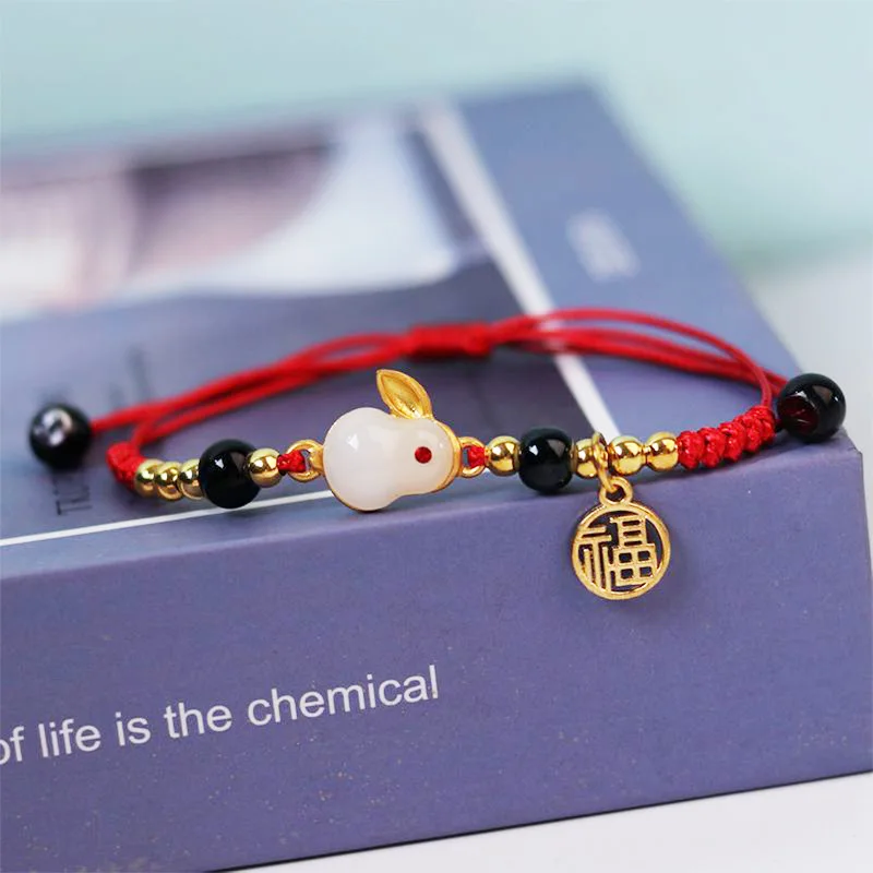 

Rabbit Bracelet Binaural Rabbit Gift Red Rope Woven Jade Rabbit Female Retro Special Bracelet Jewelry for Men and Women
