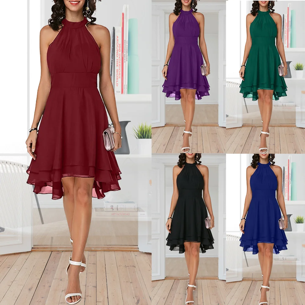 

Women Elegant Dress Summer Solid High Waist Halter Sleeveless Midi Dresses Ladies Cropped Layered Chiffon Party Slim Dresses