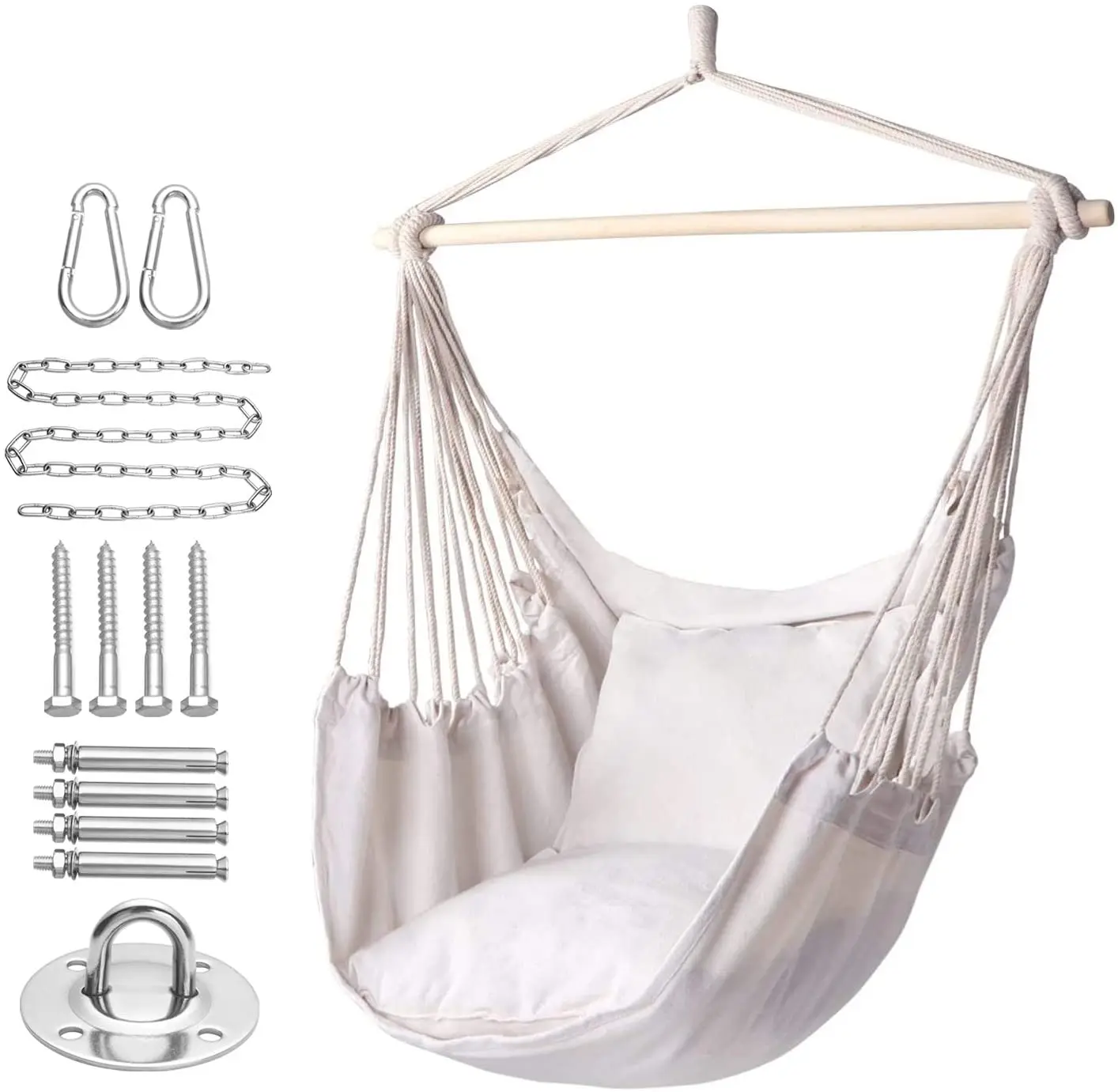 

Hammock Chair Hanging Rope Swing, Max 320 Lbs, 2 Seat Cushions Included, Hanging Chair with Pocket, Quality Cotton Weave