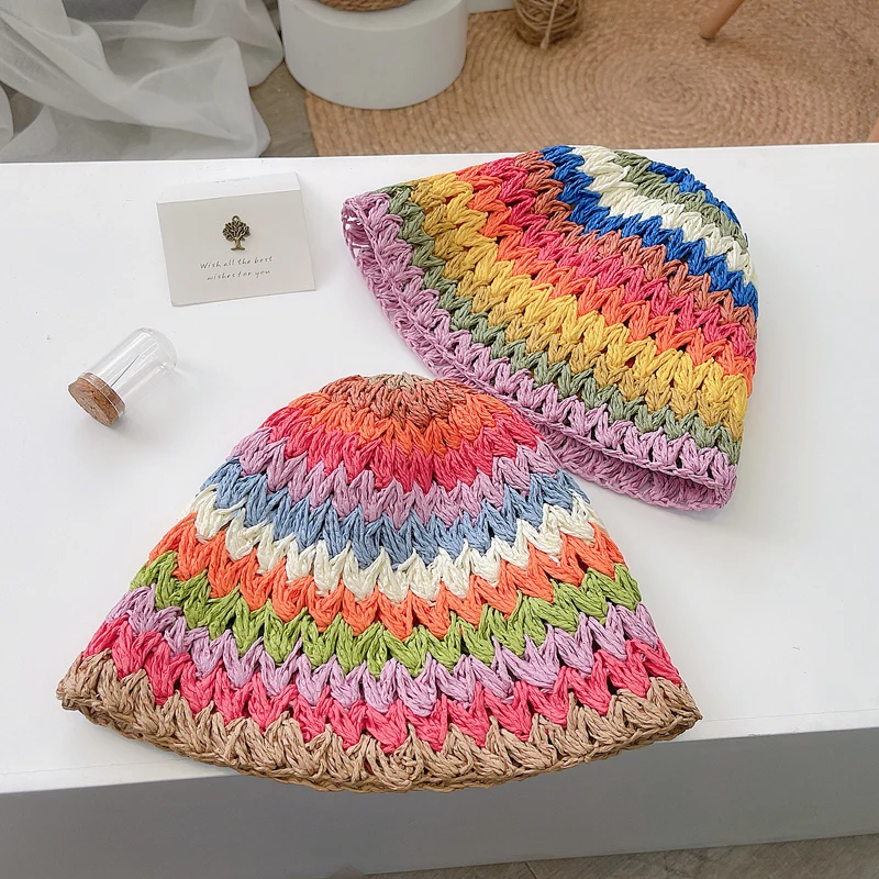 

Straw Hat for Kids Summer Boys and Girls Braided Rainbow Bucket Cap Fashion Personality Sunshade UV Protection Traveling Beach