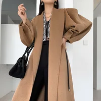 100% Wool Coat Women Belt Loose Fashion V neck Temperament The New Lengthen Jacket Women's Coat 2022 New