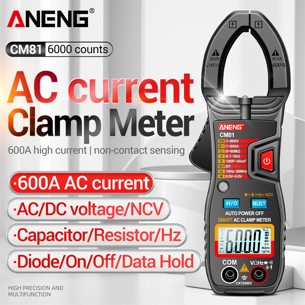 

ANENG CM81/CM80 Digital Clamp Meter DC/AC Current Pliers Auto Range Non Contact Voltmeter Meter LCD True RMS Resistance Tester