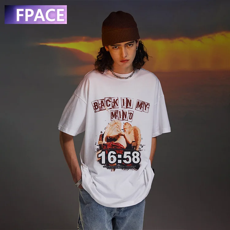 

2022 Spring and Summer New European and American Fashion Brand Retro Couple Fearless Angel Theme Printed Loose T-shirt Men