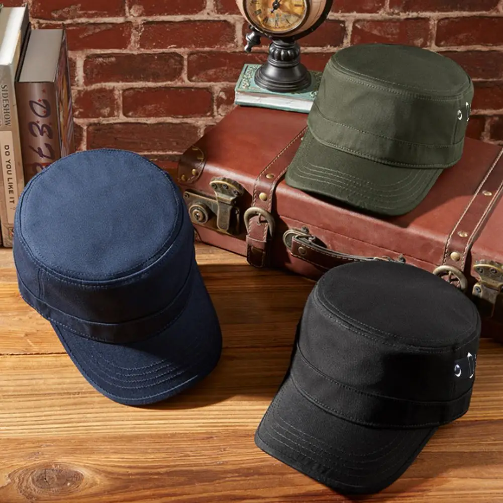 

Men Summer Peaked Hat Solid Color Flat Top Wide Brim Adjustable Sun Protection Sunscreen Breathable Camping Baseball Hat Headwea