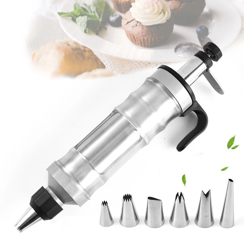 

Stainless Steel Cake Cream Decorating Gun with 6 Tip Nozzle Sets Cookie Cutter Press Maker Kitchen Pastry Baking Accessories