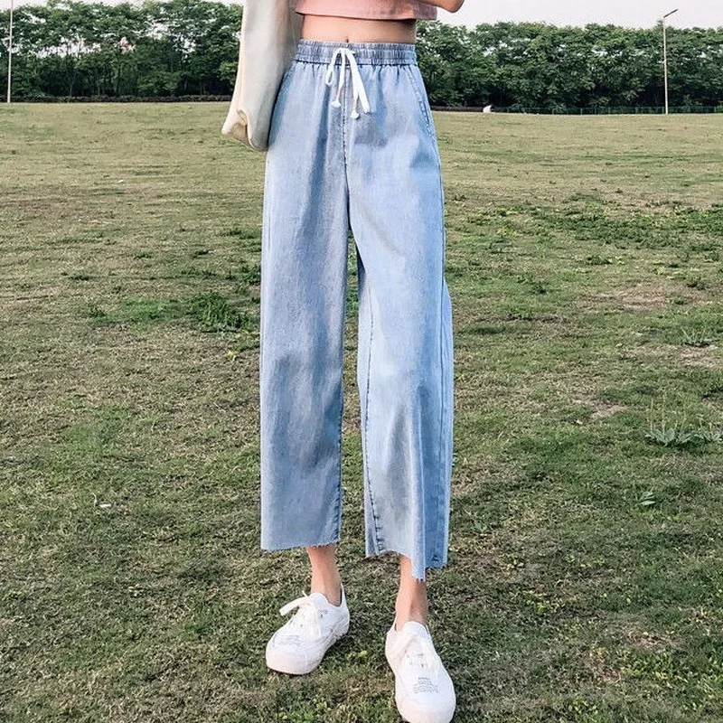 

Летние женские штаны, тонкие джинсы из ледяного шелка, женские широкие брюки с высокой талией на шнуровке, женские свободные повседневные б...