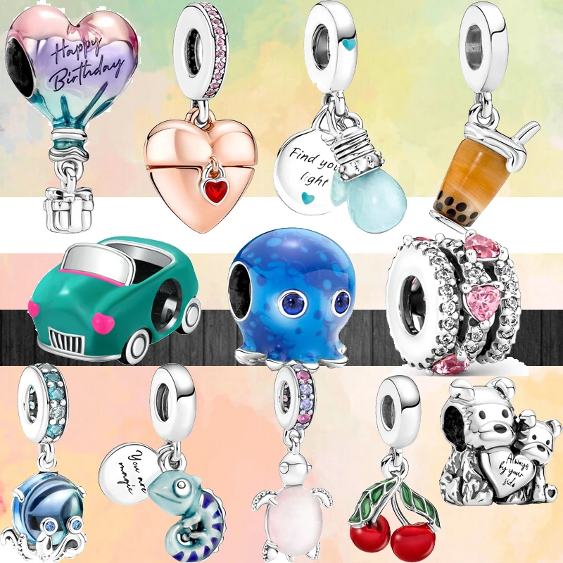 New Hot Air Balloon Bulb Octopus Cherry Chameleon Heart Pendant Beads Fit Original Brand Charms Silver Color Bracelets Jewelry